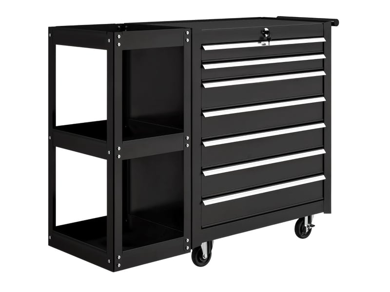Chariot d'atelier 96 x 33,5 x 75 cm noir en acier, 7 tiroirs verrouillables et étagère latérale amovible - Conforama A