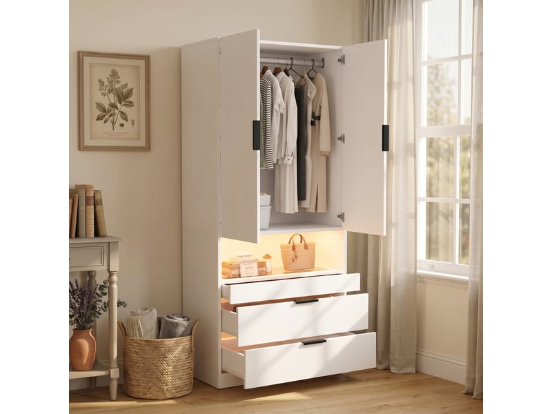  Armoire blanche avec éclairage led, penderie 90x50x200 cm avec 3 tiroirs et portes battantes  - Conforama D