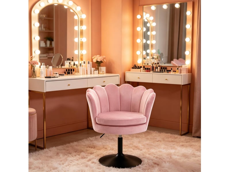  Fauteuil pivotant réglable en hauteur avec accoudoirs pour maquillage et bureau, en velours rose, 61,5 × 71-83 × 65 cm  - Conforama B