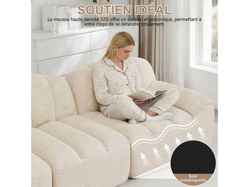  Canapé d'angle modulable 3 places avec pouf intégré - tissu bouclette beige blanc - assise profonde  - Conforama W