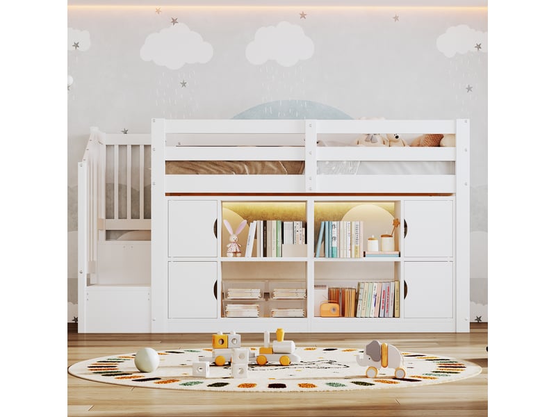 Lit mezzanine 90 × 200 cm 1 place avec rangements, étagères et led réglable, sans matelas, en bois blanc - Conforama B
