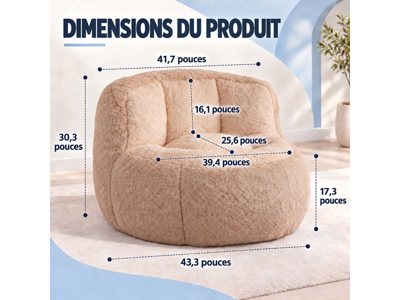  Canapé pouf géant en fausse fourrure, tissu doux respectueux de la peau, mousse déchiquetée haute résilience,brun + camel  - Conforama B