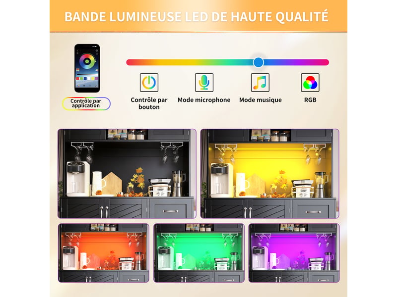  Meuble de cuisine muvano noir, buffet haut avec éclairage led, 4 portes et 2 tiroirs, 120 × 40 × 188 cm  - Conforama E