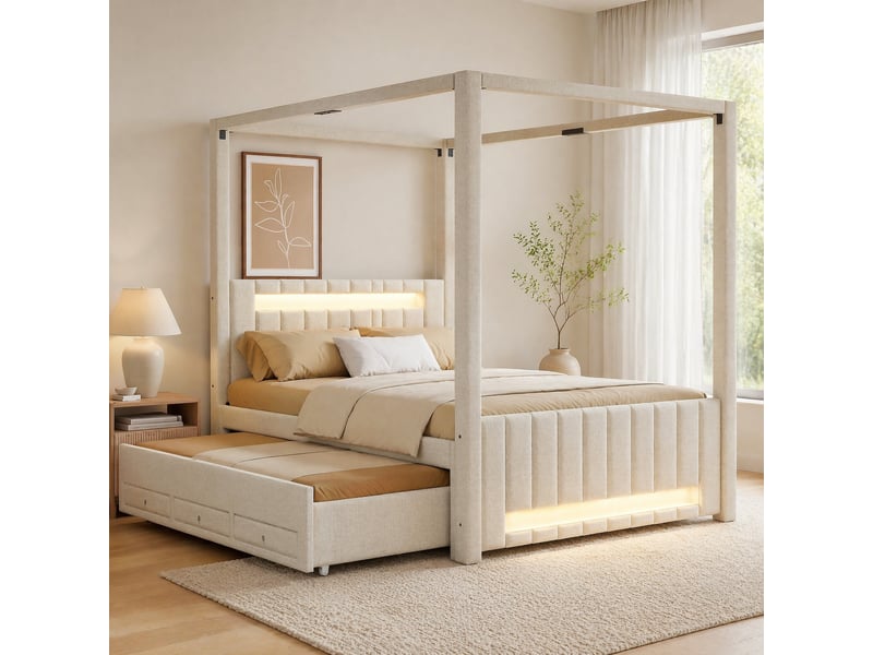  Lit baldaquin 140x200 cm, stockage, 3 tiroirs, lit gigogne avec éclairage led, lit adulte, tissu lin et mdf, beige, sans matelas  - Conforama B