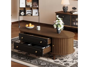 Table basse 100x50x36 cm, noyer et noir, 2 tiroirs, 2 portes à enroulement