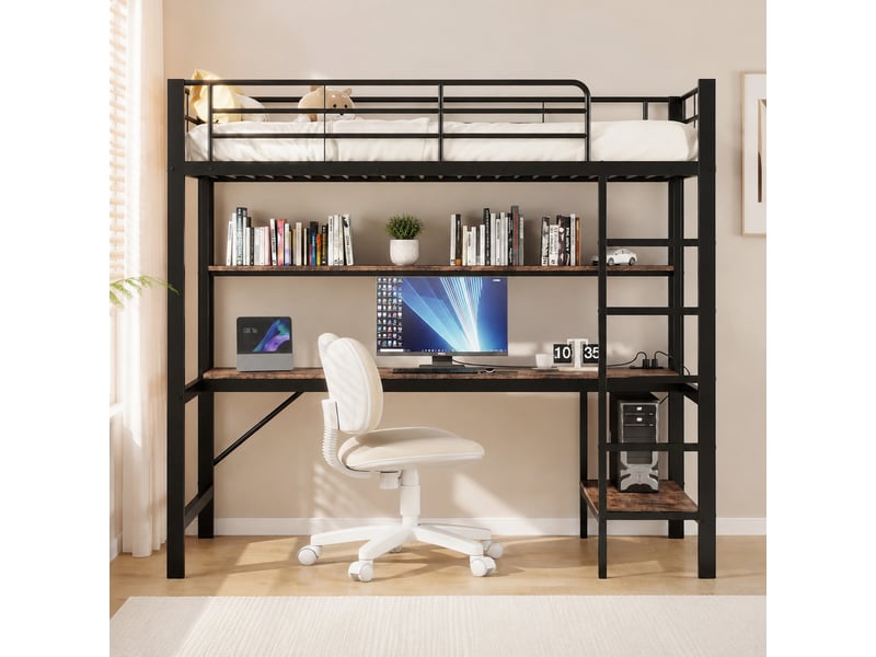  Lit mezzanine enfant 90 x 200 cm noir avec bureau, étagères, led, usb et prise  - Conforama C