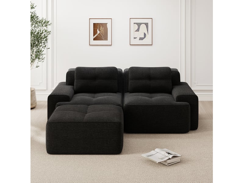  Canapé modulable convertible 2 places en velours côtelé noir avec ottoman, 204 x 177 x 69 cm  - Conforama C