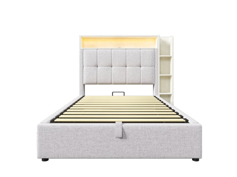  Lit rembourré beige 90x200 cm avec rangement, usb-c et led  - Conforama A