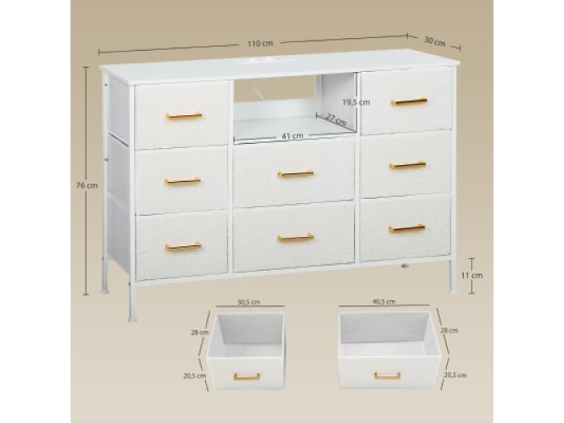  Commode crème 8 tiroirs en tissu avec cadre acier et multiprise, pour entrée, chambre et bureau  - Conforama C