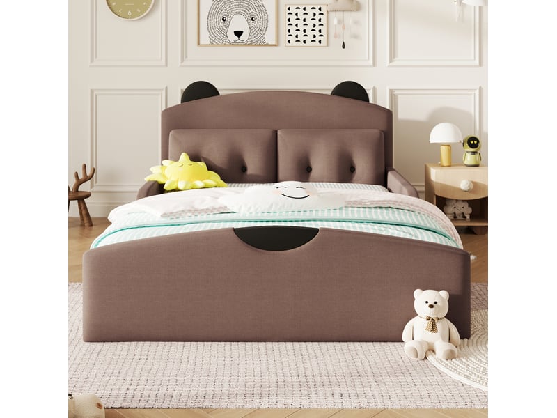  Lit plateforme 140 x 200 cm, tête de lit ours rembourrée, lin, 2 coussins  - Conforama D