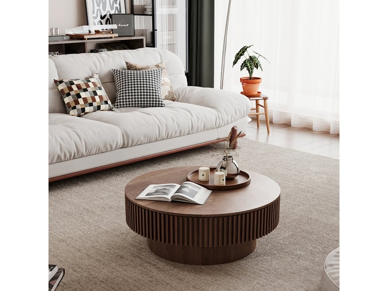  Table basse de salon, 75 cm, forme ronde, avec rangement, en bois massif et placage bois, coloris noyer, pour salon, chambre et bureau  - Conforama E