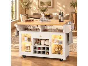Desserte de cuisine avec plateaux rabattables, led multicolore, étagères réglables et porte-bouteilles, blanche
