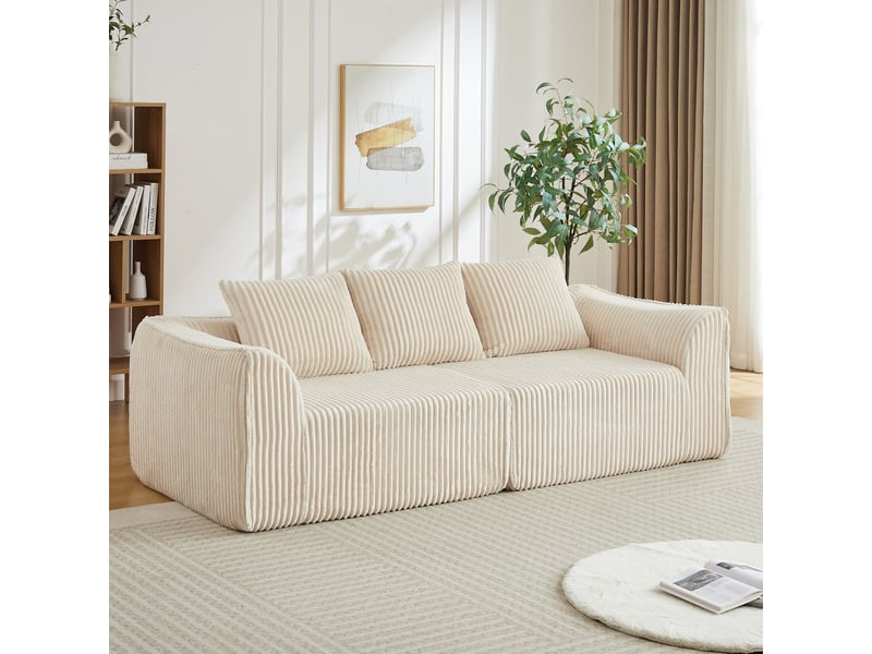  Canapé modulable 235 cm, lignes courbes, dossier incliné et accoudoirs arrondis, assise extra-large en mousse, 2 coussins, sans montage beige  - Conforama B