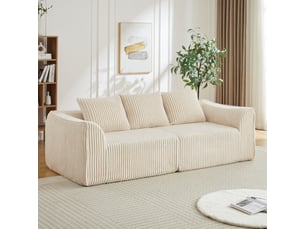 Canapé modulable 235 cm, lignes courbes, dossier incliné et accoudoirs arrondis, assise extra-large en mousse, 2 coussins, sans montage beige