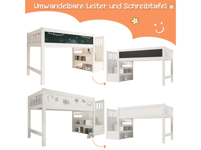  Lit mezzanine enfant 90x200 avec tableau blanc et barrière de sécurité, escalier réversible, bois blanc  - Conforama E