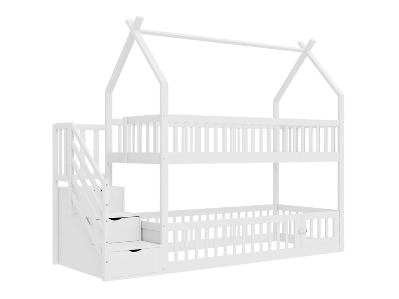  Lit superposé enfant 90x200 cm – blanc – toit maison, escalier à tiroirs et barrière, sans matelas  - Conforama D