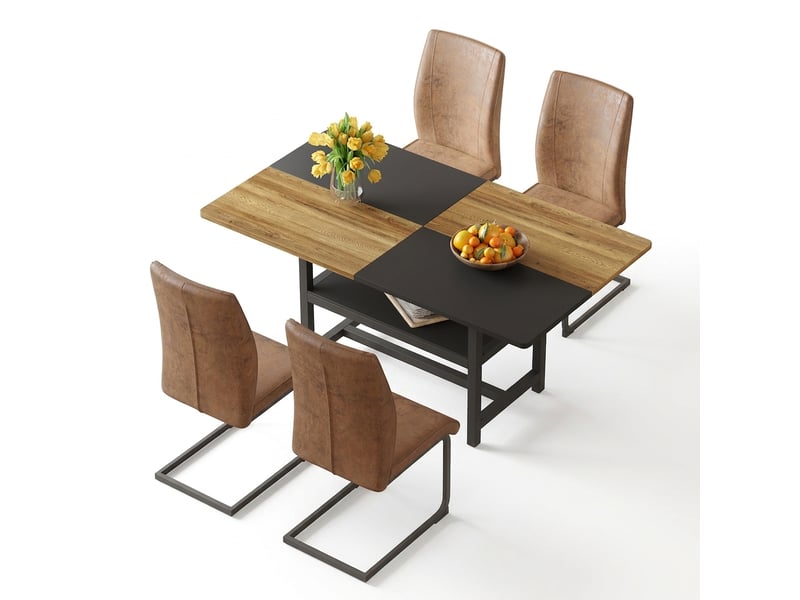  Ensemble table ronde et 2 chaises, table à manger ronde 107 cm effet noyer, rangement double et assises en tissu marron clair  - Conforama A