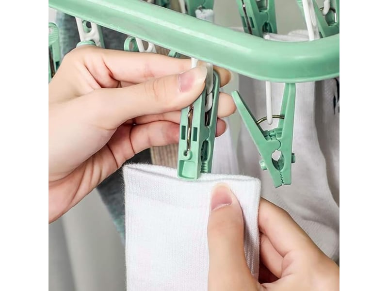  Crochets muraux séchoir à linge avec 32 clips et support pliable (vert clair  - Conforama D