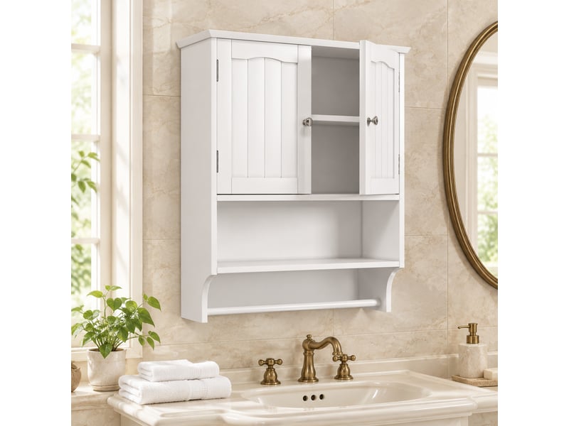  Armoire murale de salle de bains blanche 56.89x19x70 cm avec porte-serviettes  - Conforama D
