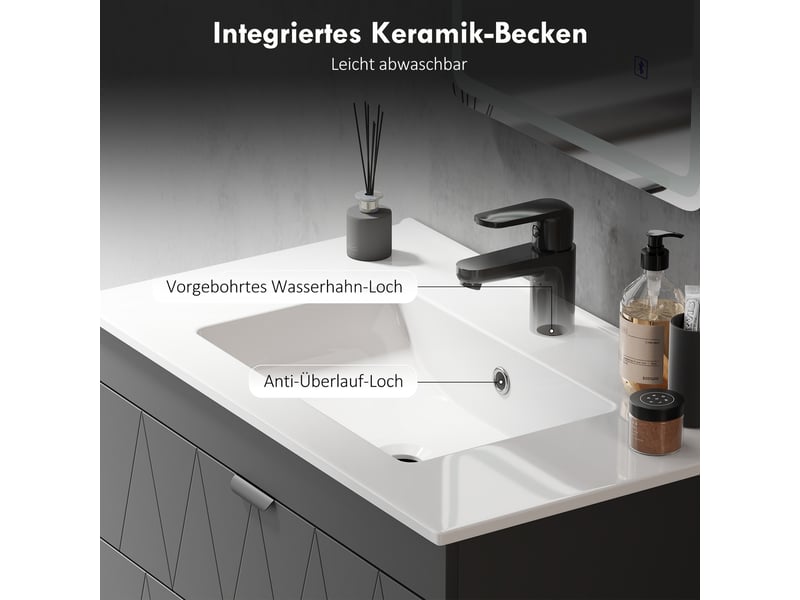  Meuble sous-vasque suspendu avec vasque en céramique noir mat 76x46x50 cm  - Conforama E
