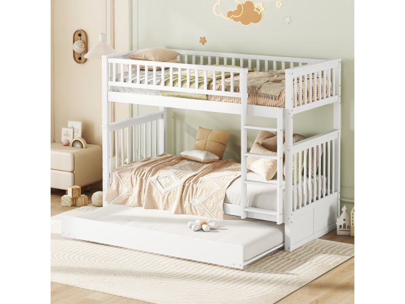  Lit superpose avec rangement 90×200 cm blanc pour enfant, lit extractible, barrières hautes et escalier stable  - Conforama B