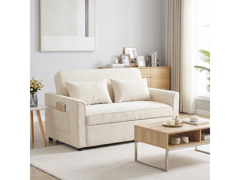  Canapé convertible 2 places dossier inclinable 2 coussins tissu chenille beige clair  - Conforama B