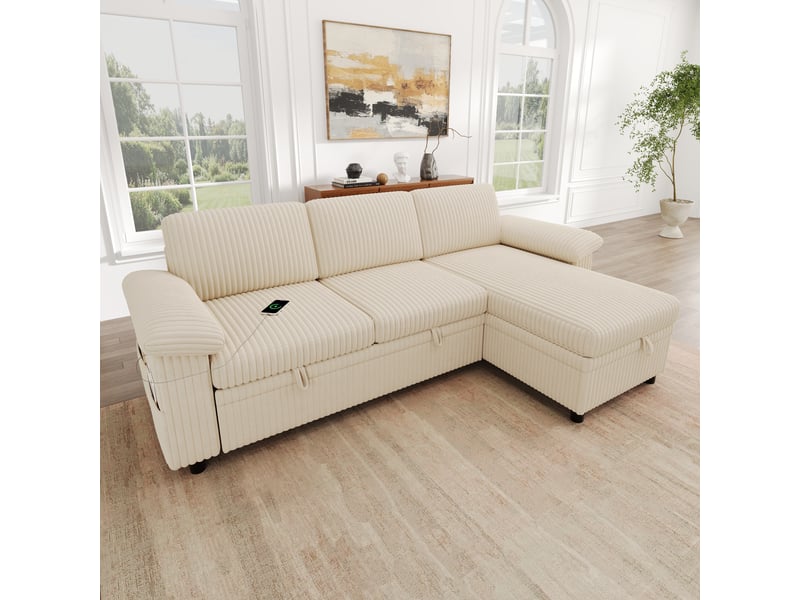 Canapé d’angle convertible 3 places en l – méridienne réversible avec coffre de rangement, dossier inclinable, usbtype-c, poches latérales, tissu velours côtelé – beige - Conforama C