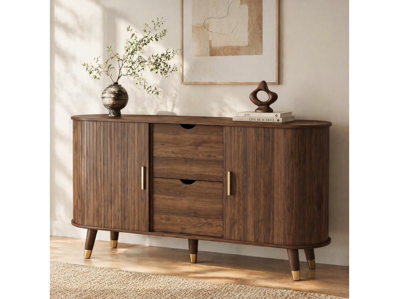  Buffet 140x40x79.5 cm, portes texturées verticales et 2 tiroirs en mdf coloris noyer  - Conforama C