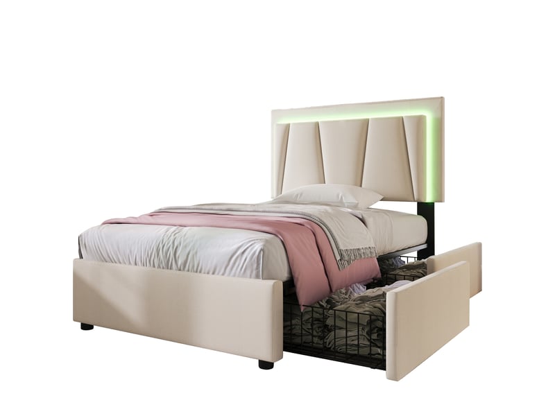  Lit capitonné simple 90x200 cm en bois beige, éclairage led, deux tiroirs, tête ajustable, matelas fourni  - Conforama A