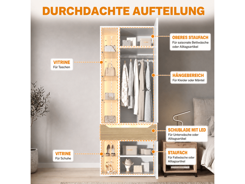  Armoire blanche avec led et vitrine en verre 75x50x200 cm - penderie mdf avec 1 tiroir et 6 étagères  - Conforama D