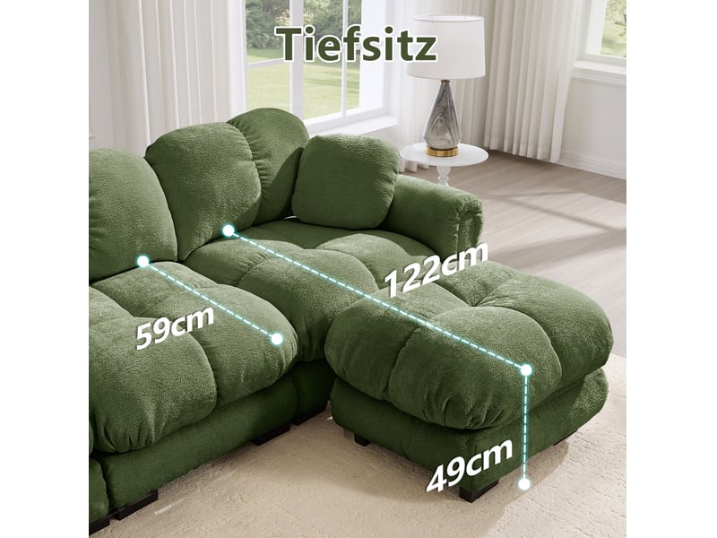  Canapé droit modulaire 2 places en tissu vert avec ottomane mobile, design matelassé élégant pour le salon  - Conforama C
