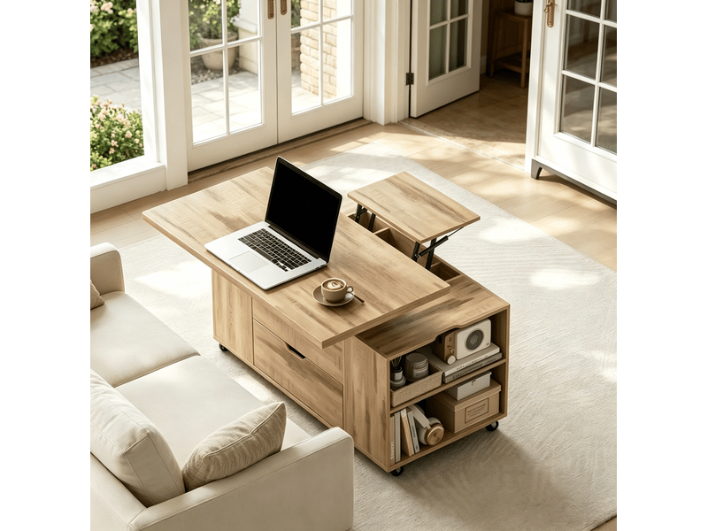 Table basse relevable et extensible sur roulettes, bois et métal, chêne clair  - Conforama C