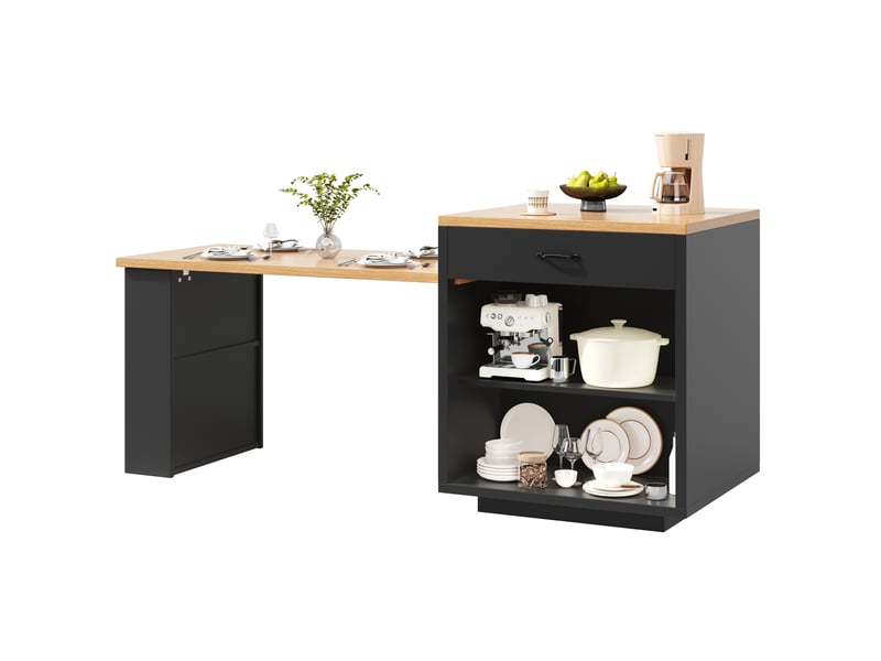  Îlot de cuisine extensible 126-196 x 80 x 94 cm, 2 tiroirs, portes vitrées et éclairage led rgb, noir, en mdf robuste  - Conforama E