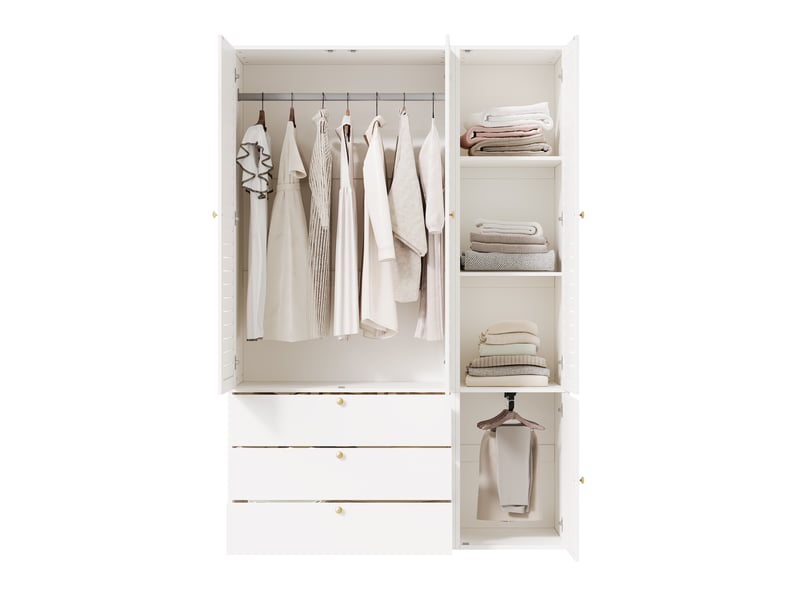  Armoire 3 portes à lamelles 135 x 50 x 200 cm, 3 tiroirs, blanche avec penderies  - Conforama A