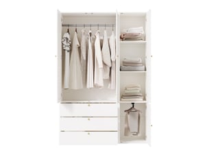 Armoire 3 portes à lamelles 135 x 50 x 200 cm, 3 tiroirs, blanche avec penderies