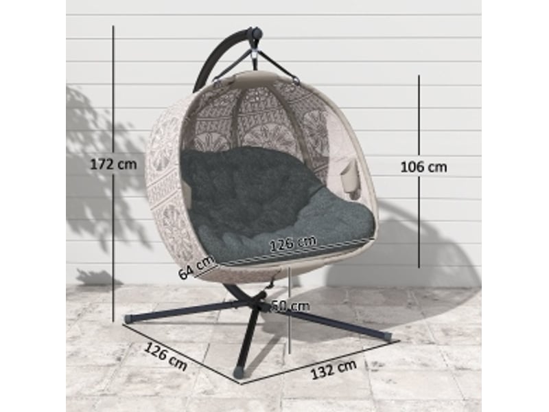  Hamac chaise 132x126x172 cm pliable avec structure, coussin, acier, sable  - Conforama E