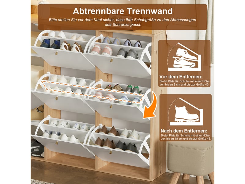  Meuble à chaussures étroit 130x25x85 cm avec porte battante et led, panneau de particules blanc  - Conforama R