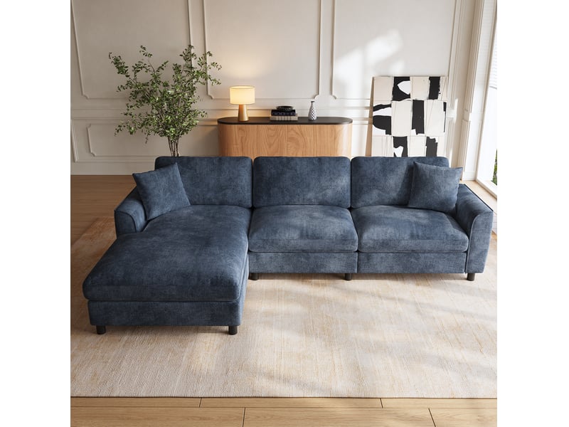  Canapé d'angle réversible 3 places avec méridienne large et assise à ressorts en chenille bleue, 256 × 137 × 79 cm  - Conforama C