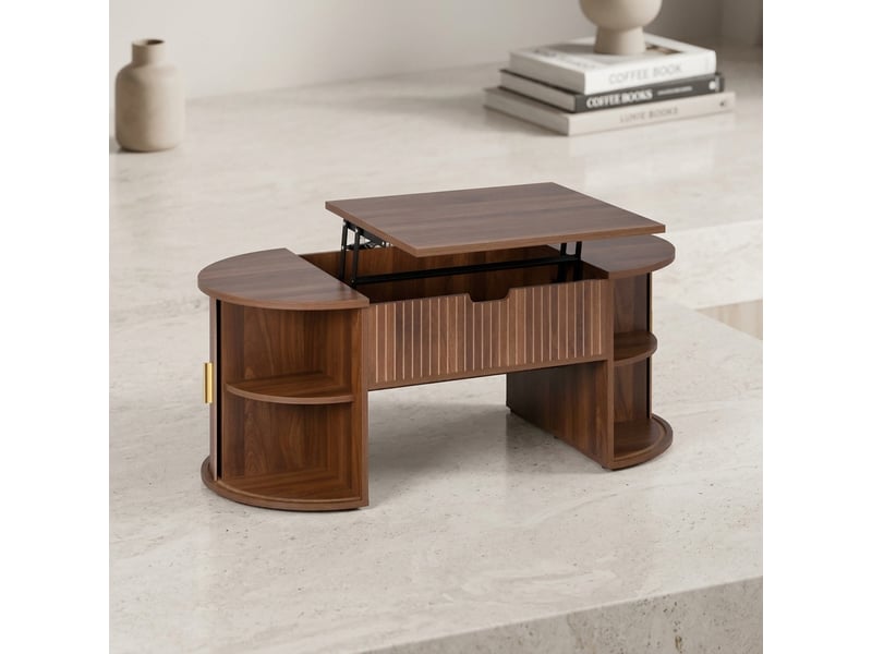  Ensemble meuble salon 3 pièces noyer, style mid-century, avec meuble tv à portes coulissantes et table basse relevable  - Conforama D