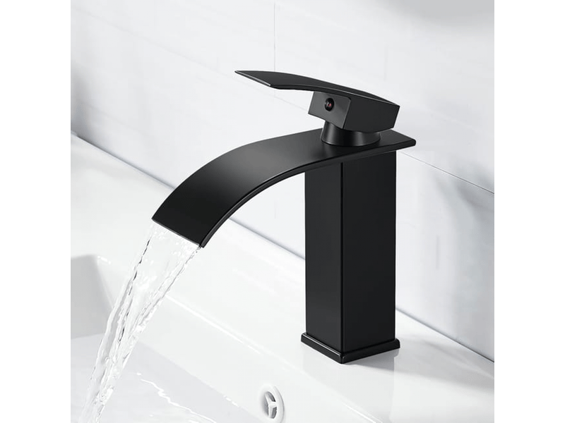  Robinet de salle de bain cascade en acier inoxydable noir, mitigeur de lavabo monotrou à deux voies (bec cascade plat noir, flexible inclus)  - Conforama A