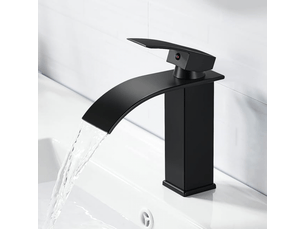 Robinet de salle de bain cascade en acier inoxydable noir, mitigeur de lavabo monotrou à deux voies (bec cascade plat noir, flexible inclus)