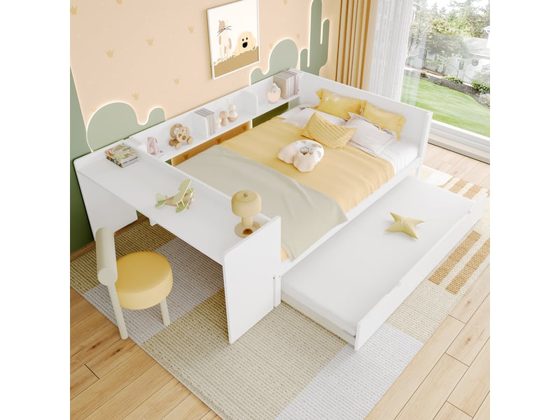 Lit enfant 140 x 200 cm avec lit gigogne 90 x 190 cm, bureau et 3 étagères, pin et panneau de particules, blanc Fay Lum - Conforama B