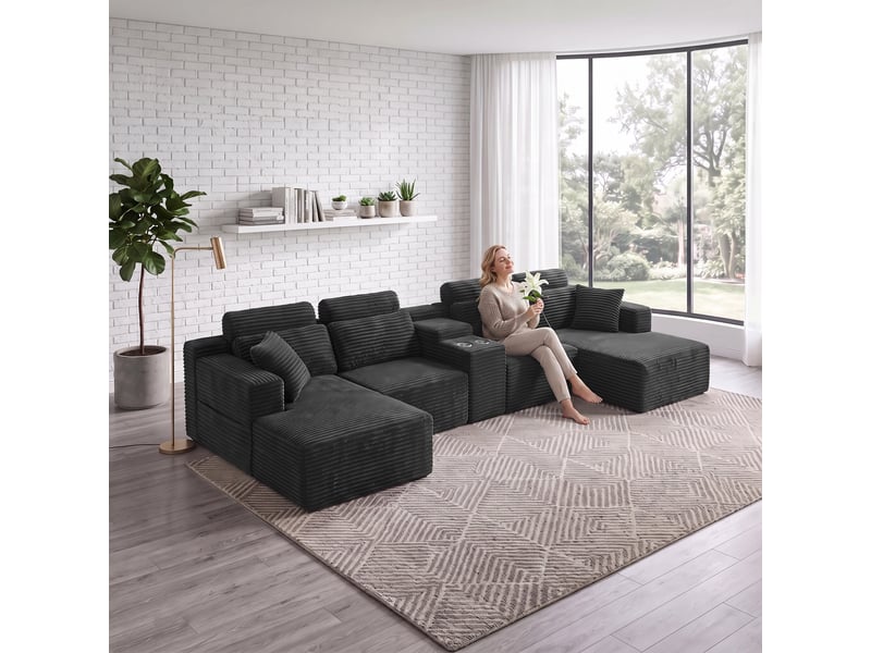  Canapé panoramique modulable 6 places 372 cm en velours côtelé gris foncé IKSETERA TRADING LTD - Conforama R