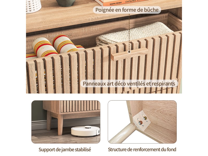  Buffet de rangement - design à lamelles verticales - 6 tiroirs - finition noyer - pour salon et salle à manger  - Conforama E