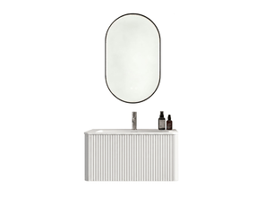 Ensemble meuble de salle de bains suspendu blanc 81 cm avec lavabo intégré, miroir led antibuée et tiroir
