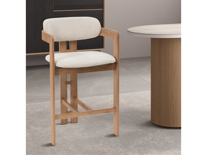  Tabouret en tissu beige pieds en chêne massif clair  - Conforama C