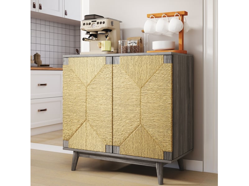  Buffet 2 portes 79x39.5x78 cm aspect frêne gris et papier tressé  - Conforama E