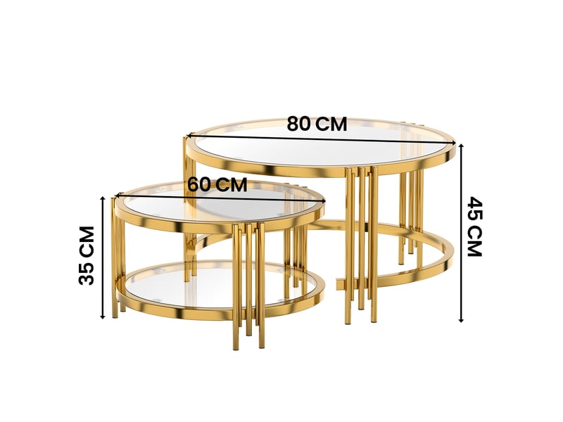  Lot de 2 tables basses rondes ø 80 et 60 cm, plateaux en verre amovibles, métal doré et verre transparent  - Conforama C