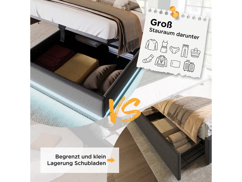 Lit coffre enfant 90x200 cm avec led, port usb type-c, tête de lit et cadre en métal, sommier inclus, coton, gris, sans matelas - Conforama D