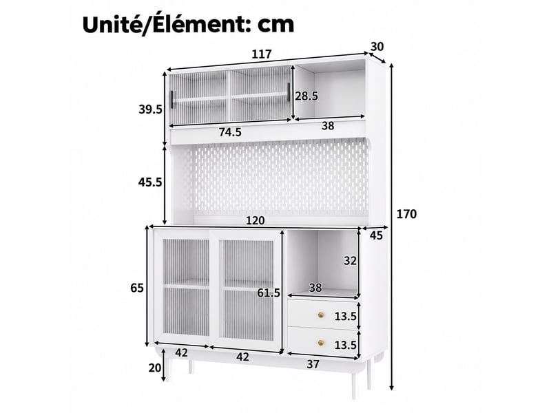  Buffet de cuisine blanc à portes coulissantes en verre strié, 117 x 30 x 170 cm  - Conforama C